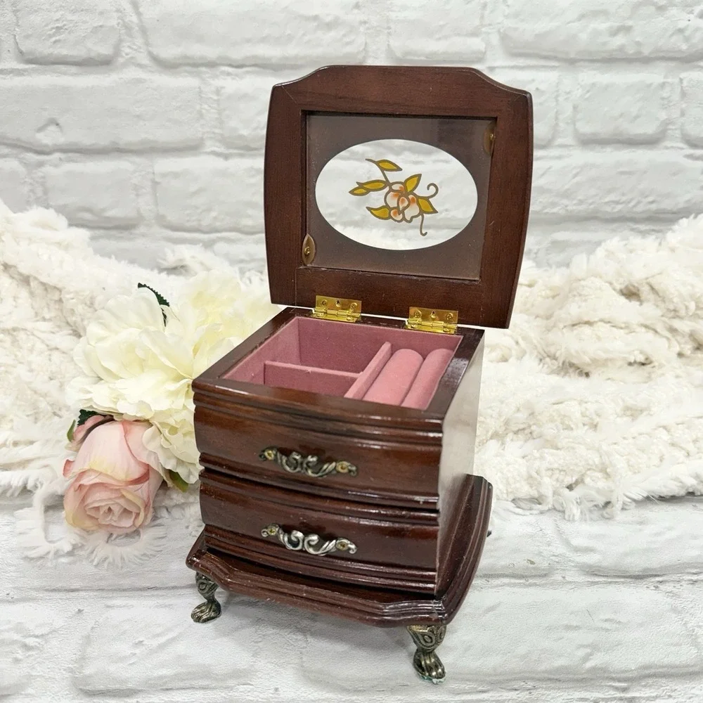 Vtg MeLe Small Wood Claw Foot Jewelry Music Box Stain Glad Flower Pretty Dainty